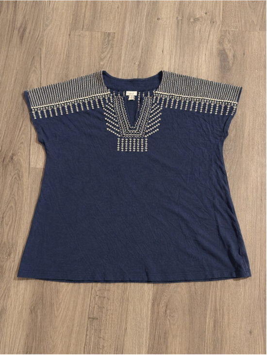 Pure Jill Tops - Pure Jill Embroidered Tunic Top Women’s Medium Navy Blue Cotton Linen Boho